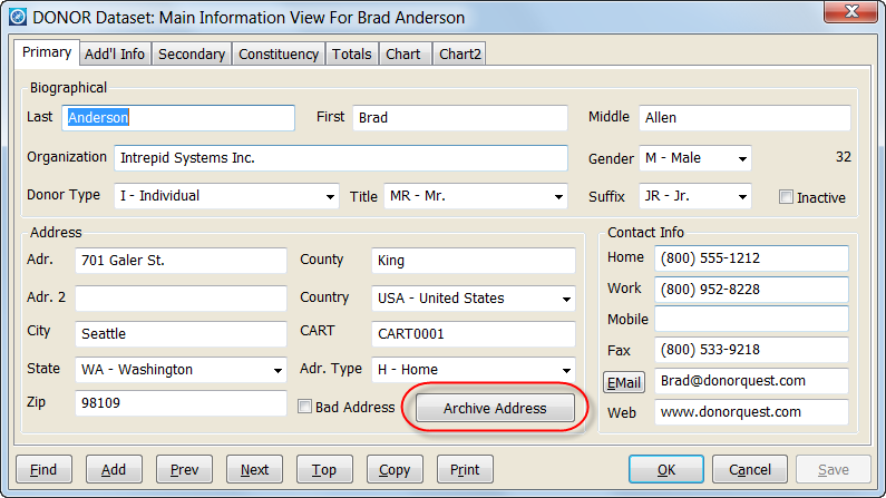 Archive Address Button on Main Info window